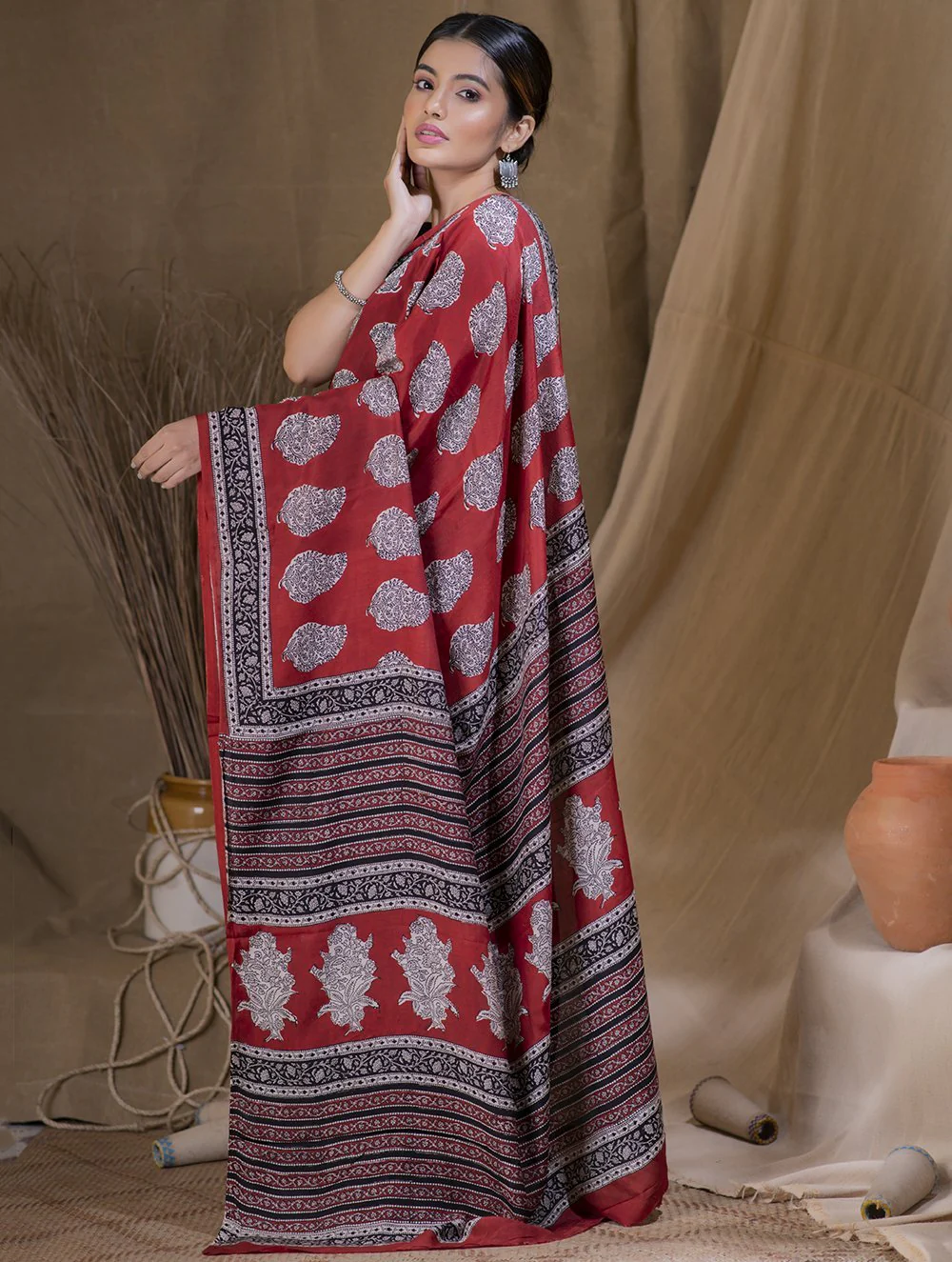 Soft & Flowing Bagru Block Printed Modal Satin Saree - Large Paisley (With Blouse Piece) - Image 2