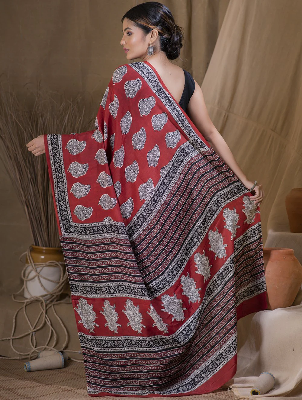Soft & Flowing Bagru Block Printed Modal Satin Saree - Large Paisley (With Blouse Piece) - Image 4