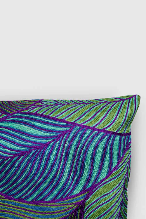 Zaina By Ctok Leaves Chainstitch Embroidered  Cushion Cover - Blue, Purple & Green - Image 2