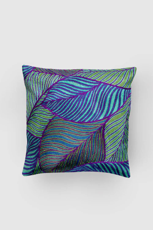 Zaina By Ctok Leaves Chainstitch Embroidered  Cushion Cover - Blue, Purple & Green - Image 4