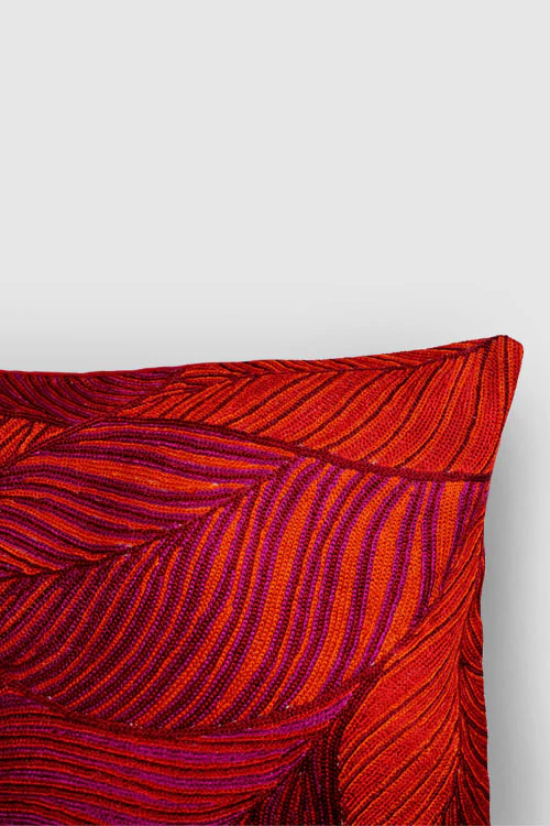 Zaina By Ctok Leaves Chainstitch Embroidered  Cushion Cover Red & Yellow - Image 2