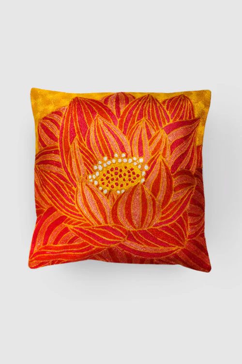 Zaina By Ctok Lotus Chainstitch Embroidered  Cushion Cover Red & Yellow