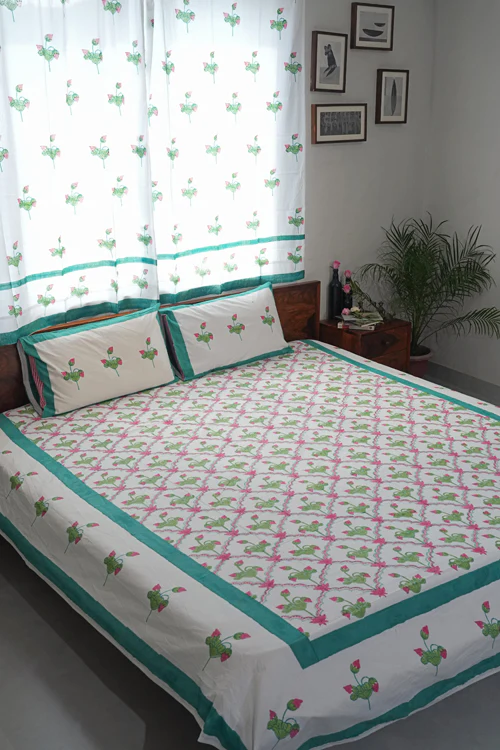 Sooti Syahi Lotus Dreams Hand Block Printed Cotton Percale Bedsheet