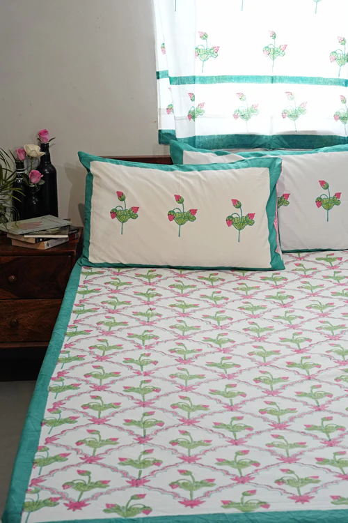 Sooti Syahi Lotus Dreams Hand Block Printed Cotton Percale Bedsheet - Image 2