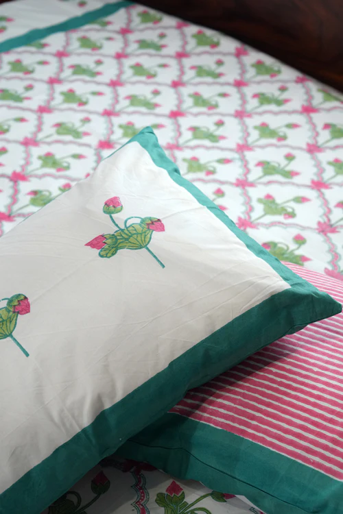 Sooti Syahi Lotus Dreams Hand Block Printed Cotton Percale Bedsheet - Image 6