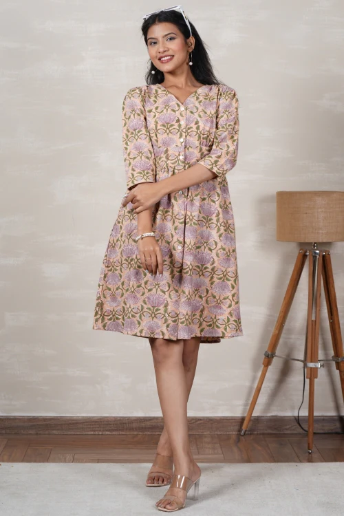 Sooti Syahi Lotus Love Hand Block Printed Cotton Dress - Image 4