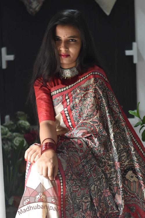 Maa Ambe Madhubani Handpainted Saree - Image 3
