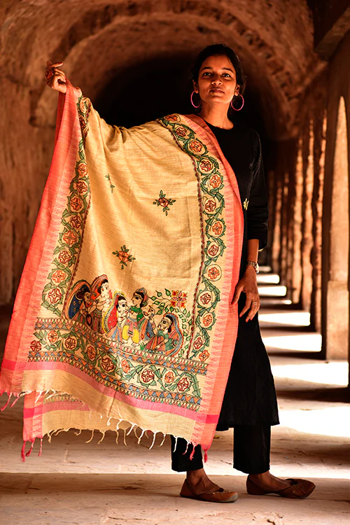 Diorama Designs Madhubani Cotton Ram Sita Vivah Handpainted Dupatta - Image 3