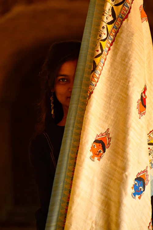 Diorama Designs Madhubani Hand-Painted Durga Face Cotton Dupatta - Image 4