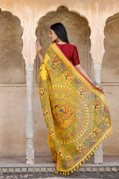 Diorama Designs Madhubani Hand-painted Pure Linen Saree - Image 10