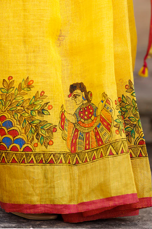 Diorama Designs Madhubani Hand-painted Pure Linen Saree - Image 11