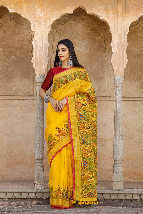 Diorama Designs Madhubani Hand-painted Pure Linen Saree - Image 3