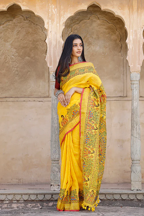 Diorama Designs Madhubani Hand-painted Pure Linen Saree - Image 4