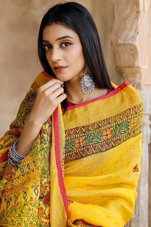 Diorama Designs Madhubani Hand-painted Pure Linen Saree - Image 9