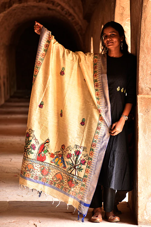 Diorama Designs Madhubani Hand-Painted Radha Krishna Cotton Dupatta - Image 2