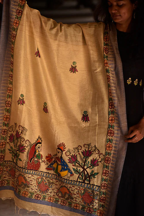 Diorama Designs Madhubani Hand-Painted Radha Krishna Cotton Dupatta - Image 3