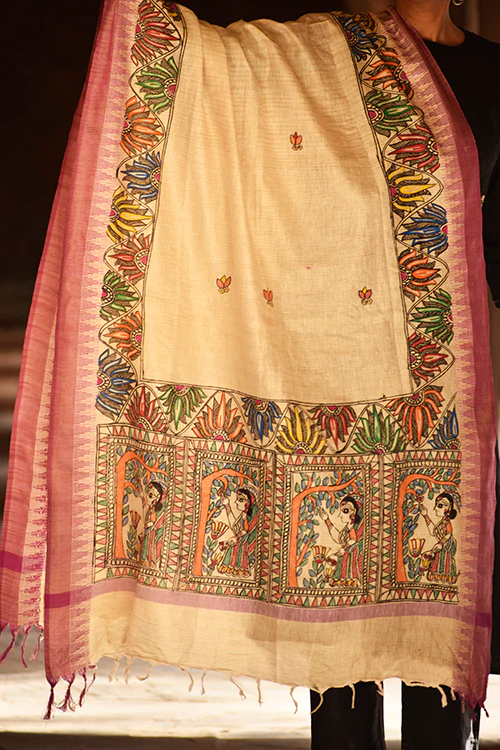Diorama Designs Madhubani Handpainted Cotton Dupatta With Temple Border - Image 3