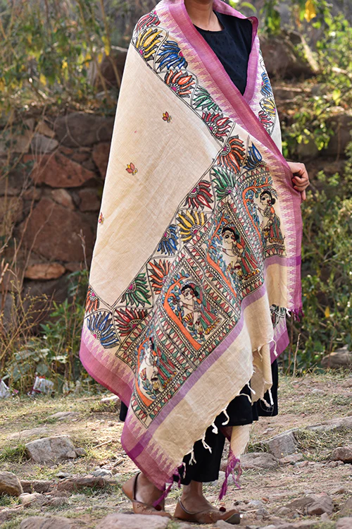 Diorama Designs Madhubani Handpainted Cotton Dupatta With Temple Border - Image 4