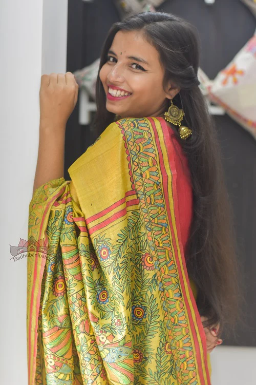 Madhubani Paints Mithila Jeevan Madhubani Handpainted Saree - Image 3