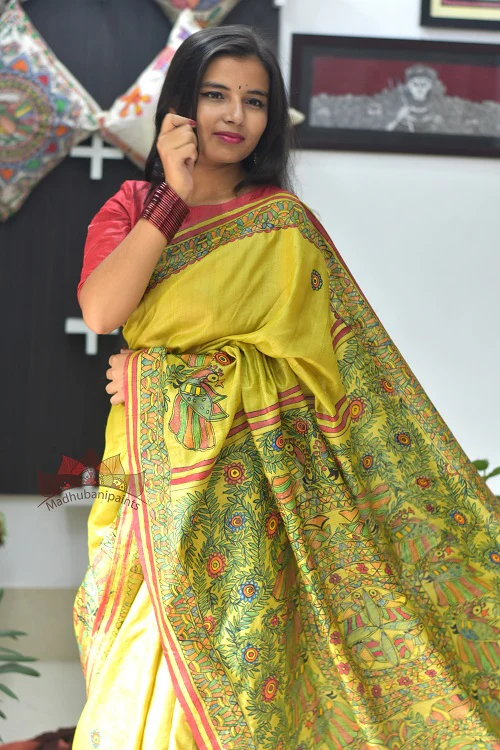 Madhubani Paints Mithila Jeevan Madhubani Handpainted Saree - Image 4
