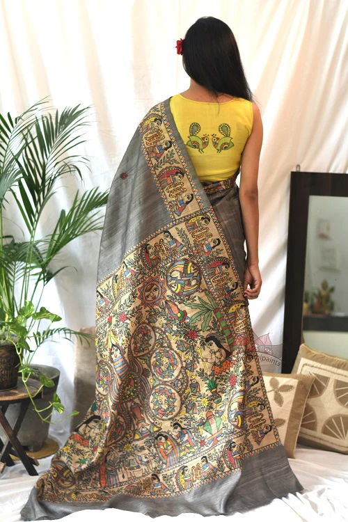 Madhubani Paints Ram Sita Varnmala Kohbar Madhubani Handpainted Saree - Image 2