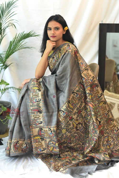 Madhubani Paints Ram Sita Varnmala Kohbar Madhubani Handpainted Saree - Image 3