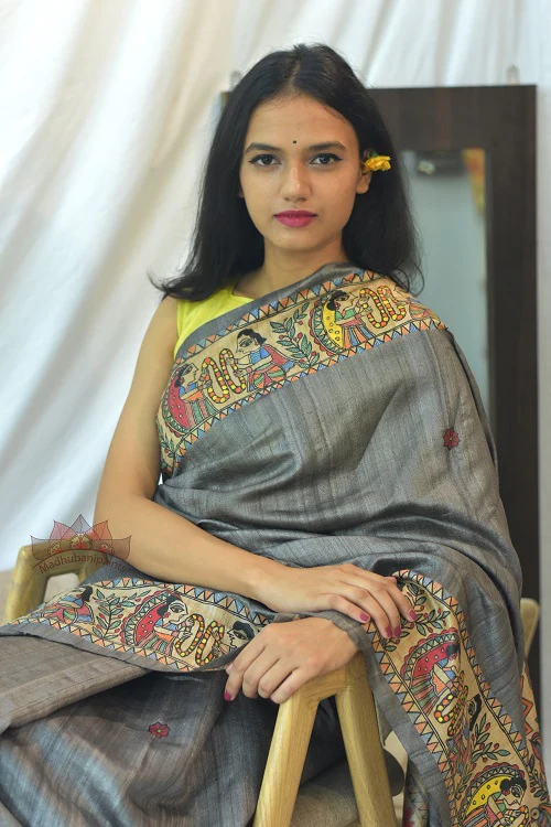 Madhubani Paints Ram Sita Varnmala Kohbar Madhubani Handpainted Saree - Image 4