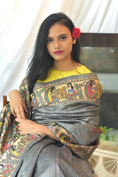 Madhubani Paints Ram Sita Varnmala Kohbar Madhubani Handpainted Saree - Image 5