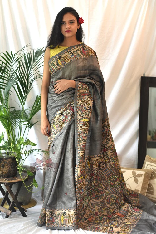 Madhubani Paints Ram Sita Varnmala Kohbar Madhubani Handpainted Saree - Image 6