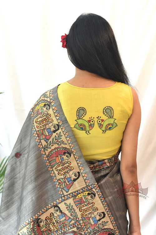 Madhubani Paints Ram Sita Varnmala Kohbar Madhubani Handpainted Saree - Image 7