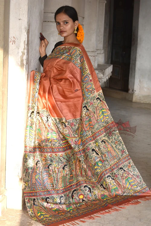 Madhubani Paints Saat Pheere Madhubani Handpainted Saree - Image 7