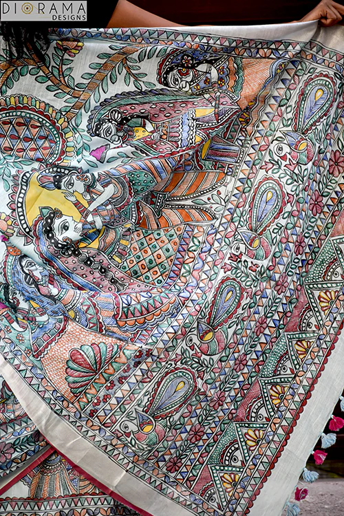 Madhubani "Radha Sang Krishna Holi " Hand-Painted Linen Saree - Image 2