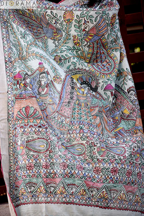 Madhubani "Radha Sang Krishna Holi " Hand-Painted Linen Saree - Image 4