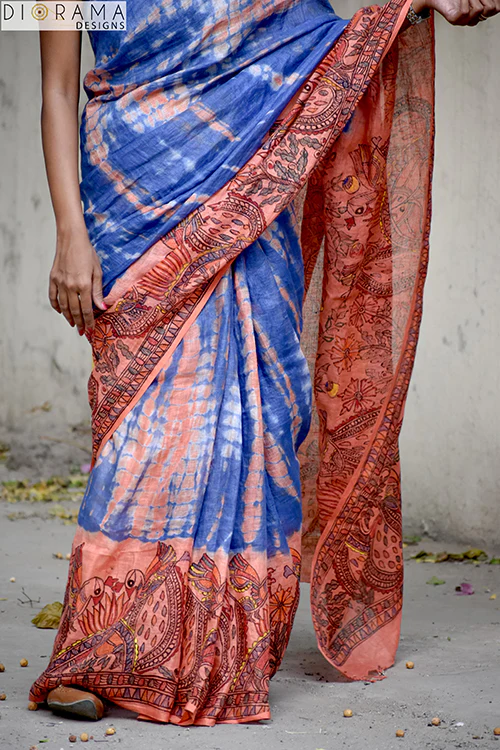 Madhubani Shibori Hand-Painted "Serene" Linen Saree - Image 2