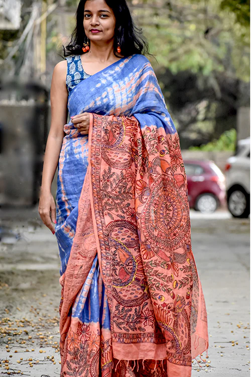 Madhubani Shibori Hand-Painted "Serene" Linen Saree - Image 6