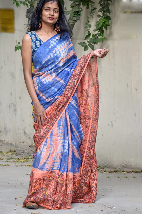 Madhubani Shibori Hand-Painted "Serene" Linen Saree - Image 8