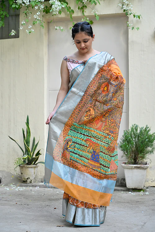 Madhubani "Simple Rural Life" Handloom Cotton Mulberry Silk Saree - Image 4