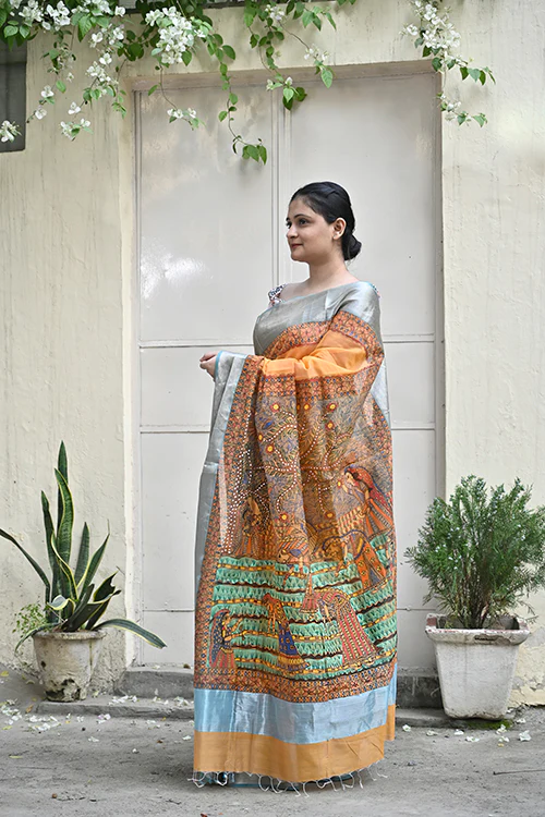 Madhubani "Simple Rural Life" Handloom Cotton Mulberry Silk Saree - Image 5