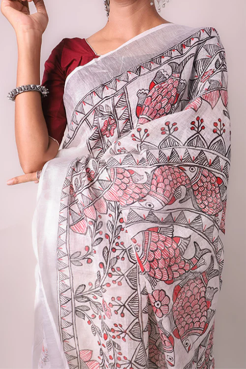 Diorama Designs Madhubani White Hand-Painted Linen Saree - Image 3