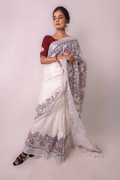 Diorama Designs Madhubani White Hand-Painted Linen Saree - Image 4