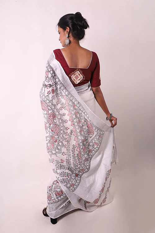 Diorama Designs Madhubani White Hand-Painted Linen Saree - Image 5