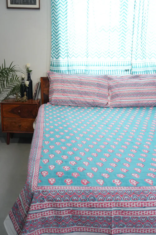 Sooti Syahi Magenta Mosaic Magic Hand Block Printed Cotton Percale Bedsheet - Image 5