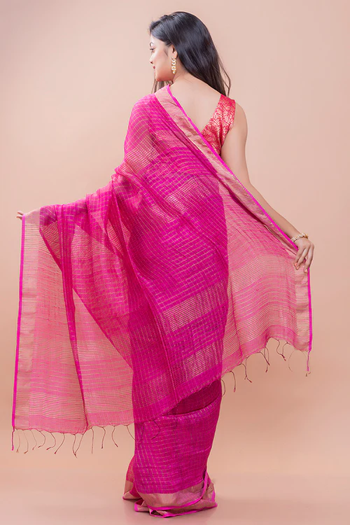 TICH Graceful Elegance. Soft Bengal Handwoven Linen Silk Zari Sari - Magenta & Silver - Image 6
