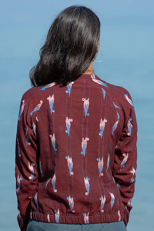 Okhai 'Mahogany' Handwoven Cotton Ikat Hand Embroidered Bomber Jacket - Image 3