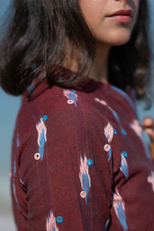 Okhai 'Mahogany' Handwoven Cotton Ikat Hand Embroidered Bomber Jacket - Image 4