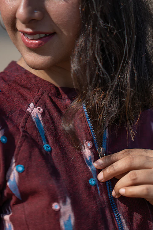 Okhai 'Mahogany' Handwoven Cotton Ikat Hand Embroidered Bomber Jacket - Image 5