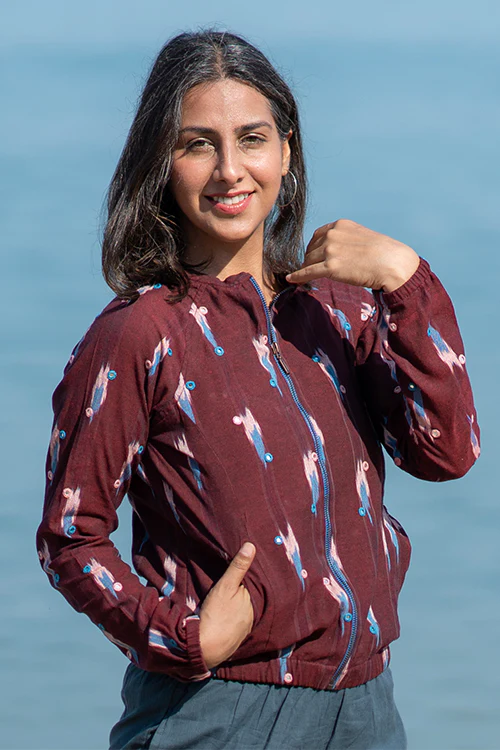 Okhai 'Mahogany' Handwoven Cotton Ikat Hand Embroidered Bomber Jacket - Image 6