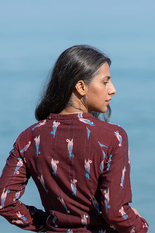 Okhai 'Mahogany' Handwoven Cotton Ikat Hand Embroidered Bomber Jacket - Image 7
