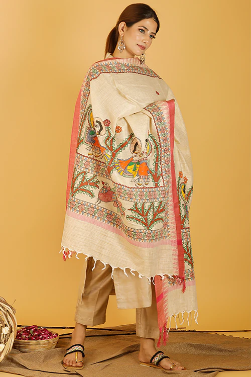 Madhubani Paints 'Manmohana Krishna' Madhubani Handpainted Pure Handloom Cotton Dupatta - Image 2