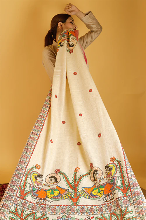 Madhubani Paints 'Manmohana Krishna' Madhubani Handpainted Pure Handloom Cotton Dupatta - Image 3